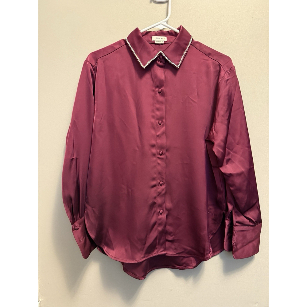 Jason Wu Blouse Button Front Satin Burgundy Rhinestone Collar Size XS NWT Read